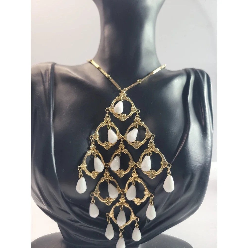 Gold Tone Chandelier Bib Necklace White Faceted Teardrop Beads Statement Necklac